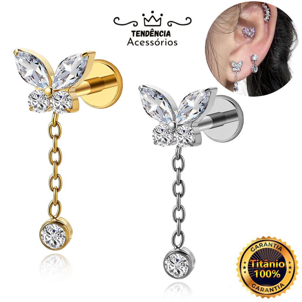 Piercing Brincos Titânio PVD Borboleta Com Pingente Zircônias Cravejada Helix Tragus Conch Nariz