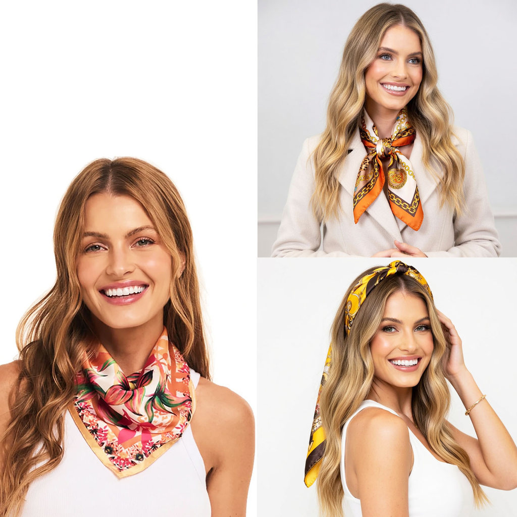 Kit 3 Lenços Cetim 50x50 Estampado Bandana Cabelo Pescoço Moda Retrô Pin Up Fantasia