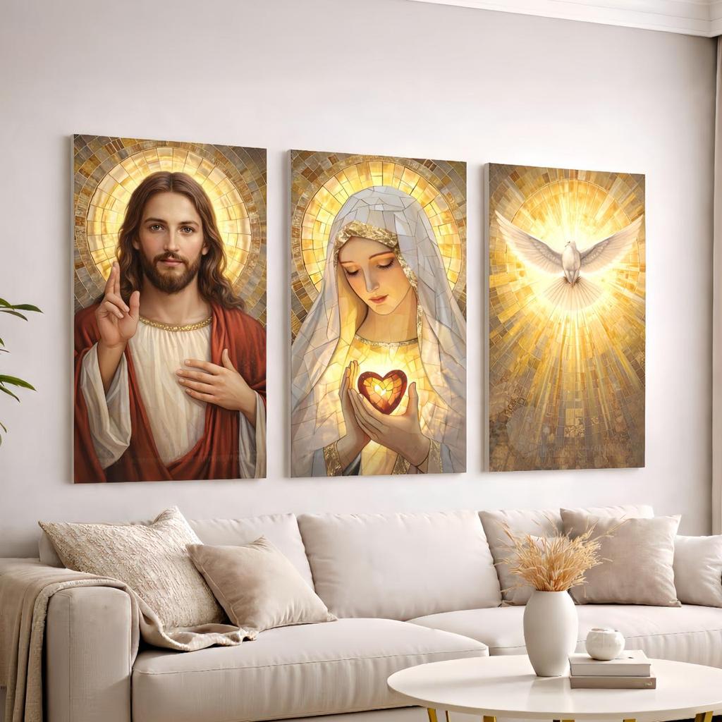 Kit 3 Quadros Decorativos Jesus Maria Espirito Santo MDF 3mm