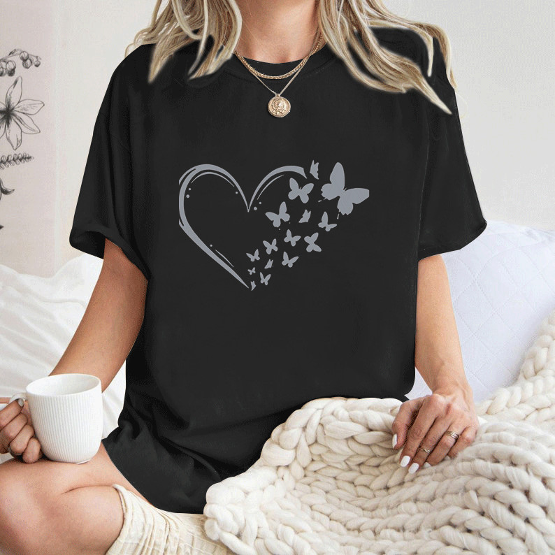 [Camiseta Premium Algodão Puro]LA Camiseta Feminina Adulto Curta Manga, Cor Cinza, Com Papel Machado e Padrão de Borbole