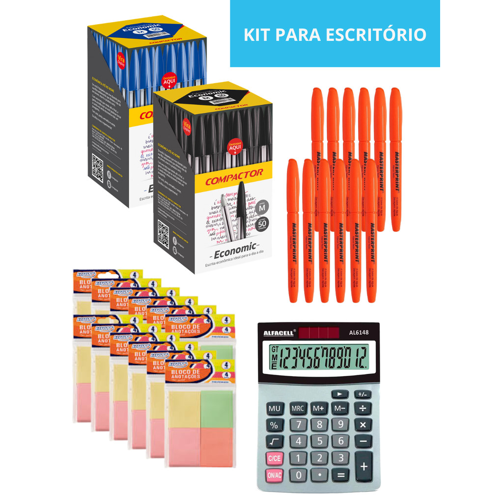 Kit Escritório Completo 100 Canetas + 12 Marca-Texto Laranja + 48 Blocos de Notas + Calculadora 12 Dígitos