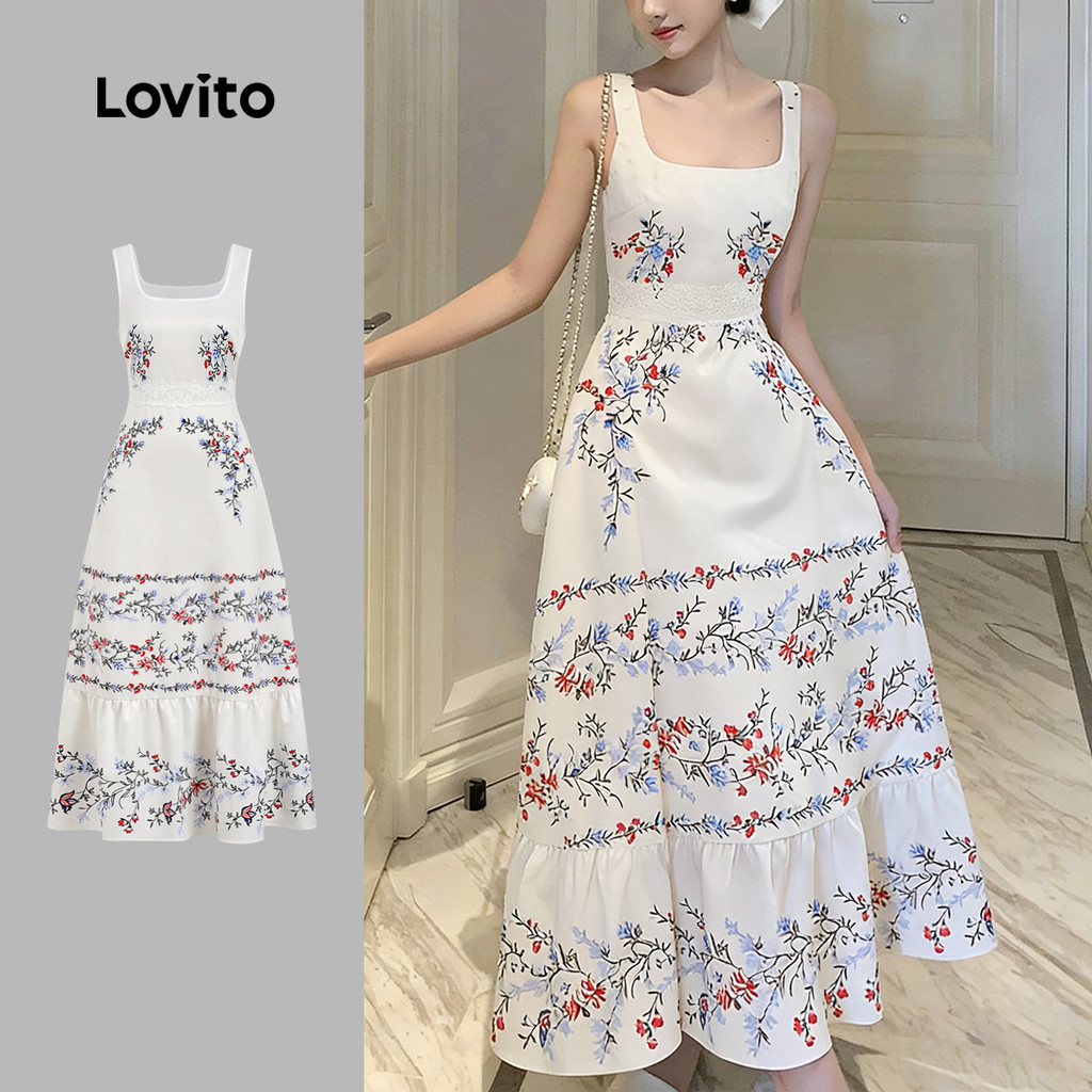 Lovito Vestido Elegante com Renda e Babados para Primavera/verão para Mulheres LBL33081