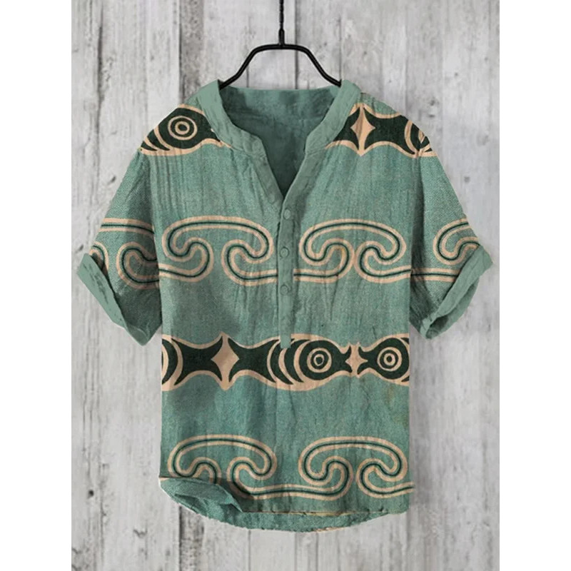 Novas Camisas Masculinas E Femininas , Camisa casual Estilo Havaiano Com Padrão De Peixe , top Masculino De Linho Q2U6