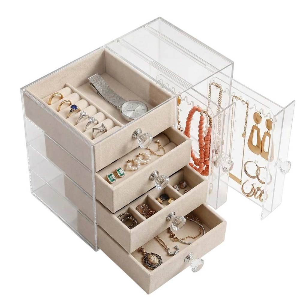 Organizador Porta Joia Acrilico 4 Gaveta Expositor Bijuteria Anel Brinco Pulseira Colar Suporte Luxo Mesa