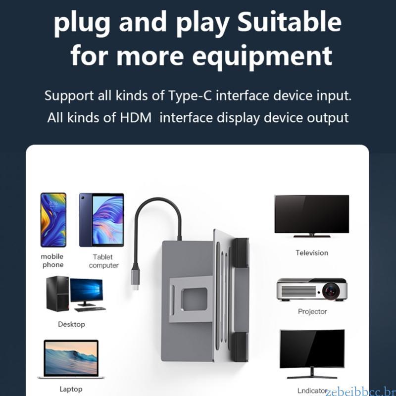 zebeibbcbr Estação Acoplamento USB TypC 9 1 2xHDMI4K USB3 0 5Gb HUB Suporte Para Laptop