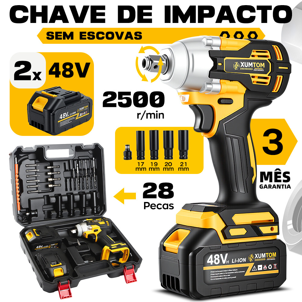 Chave De lmpacto 48V Elétrica 450NM Parafusadeira Furadeira Com Maleta 2 Baterias+28 Pecas