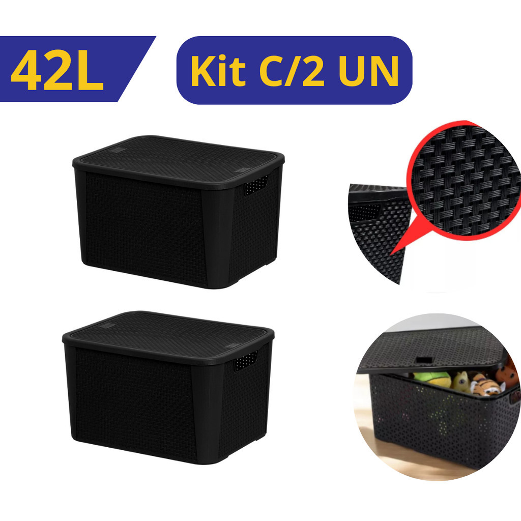 Kit 2 UN Caixa Organizadora 42 Litros Rattan Preta Grande Multiuso Com Tampa Plástico Quarto Cozinha