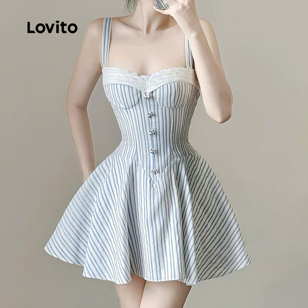 Lovito Vestido Casual Renda Colorblock Drapeado Diário Férias E Viagens Primavera/verão Vestido Azul Mulheres LK3AD147 em Oferta na Shopee