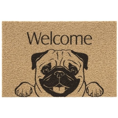 Tapete Capacho Vinil Porta De Entrada Welcome Pug Bulldog 40cm X 60cm - Kapazi