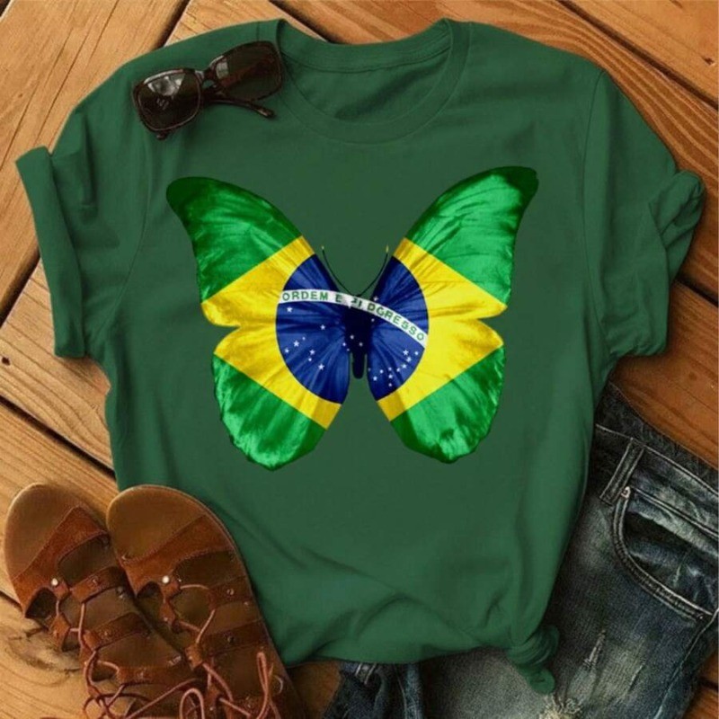 T-Shirt Feminina Brasil Borboleta Camiseta Branca Estampada Copa