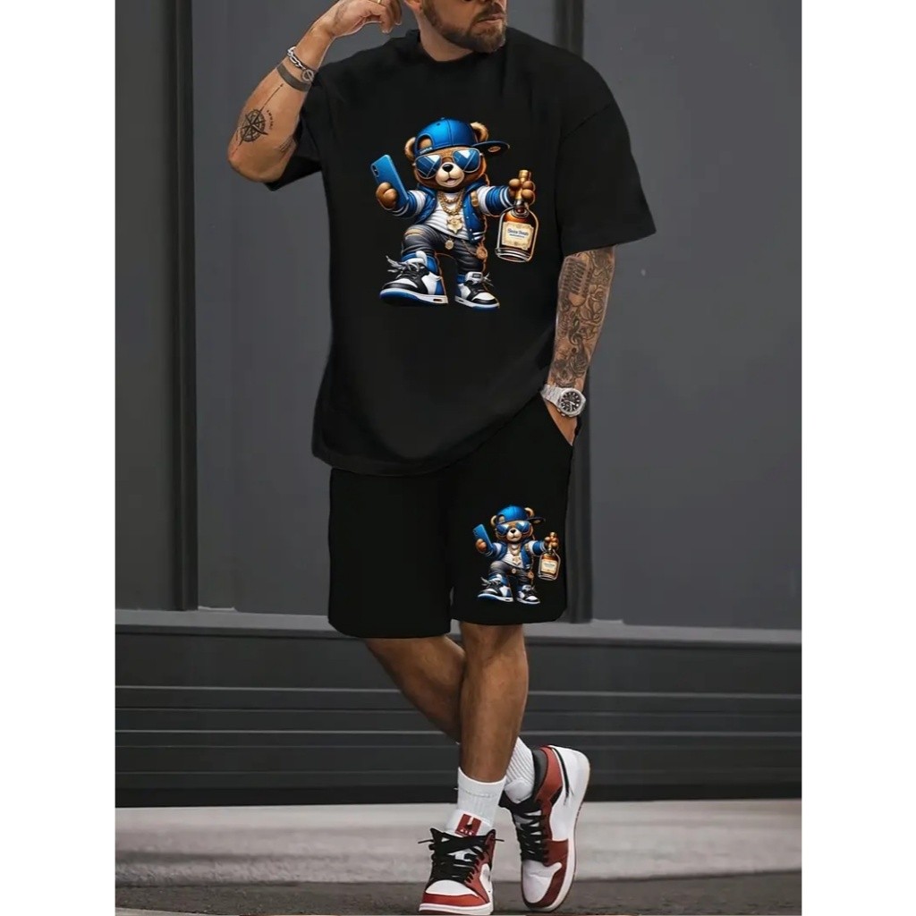 Conjunto Masculino Camiseta Basica e Short Tectel Estampa URSO GARRAFA