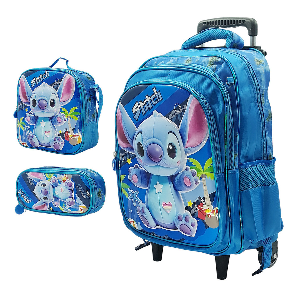 Kit Mochila Escolar Menino Infantil 3d Rodinhas Stitch Azul
