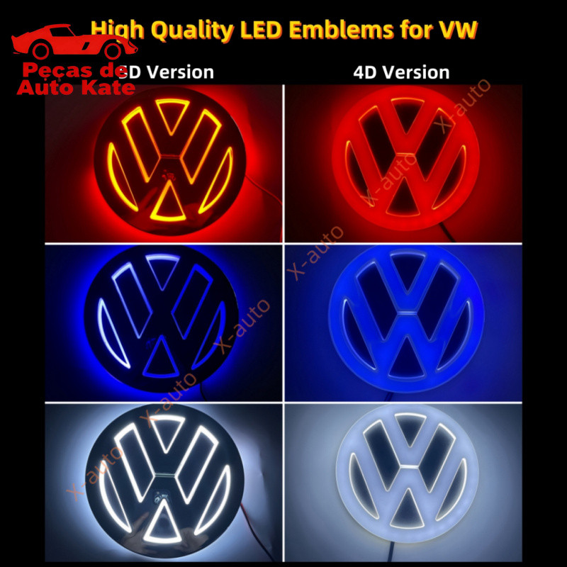 Emblema de LED para Carro Volkswagen 5D E 4D - Serve para Frente ou Traseira - Substitui o Logotipo Original do Carro VW