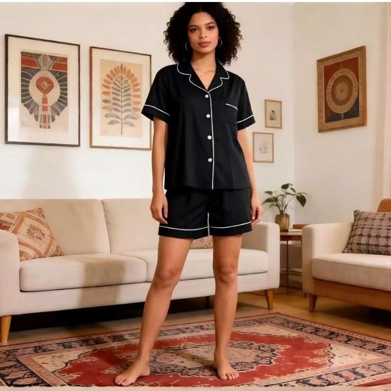 Pijama Feminino Curto Verão Confortável | Conjunto Short e Camisa Botão | Roupa de Dormir Casual para Casa em Oferta na Shopee