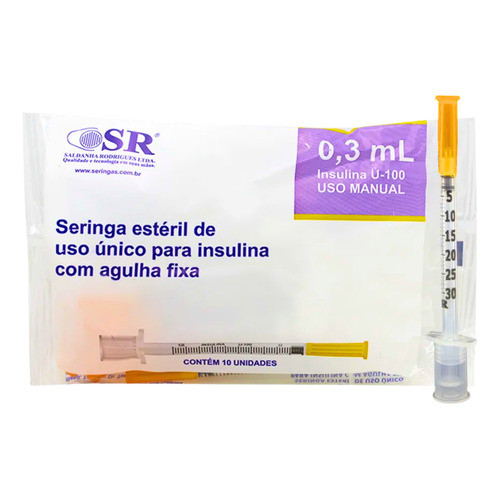 Seringa Insulina Sr 0,3ml 30ui Agulha Fixa 6mm Pct 10un 0.3 Ml