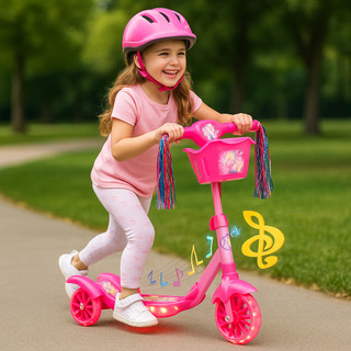 Patinete infantil 3 rodinhas Azul ou Rosa com luzes LED e Som meninos meninas