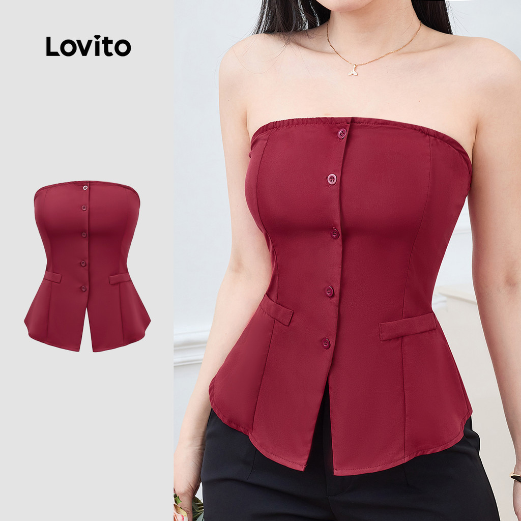 Lovito Blusa Elegante Vermelha Festa Botões Frontais E Bolso Falso Blusa Requintada Cor Vinho Primavera/verão L171ED559 em Oferta na Shopee