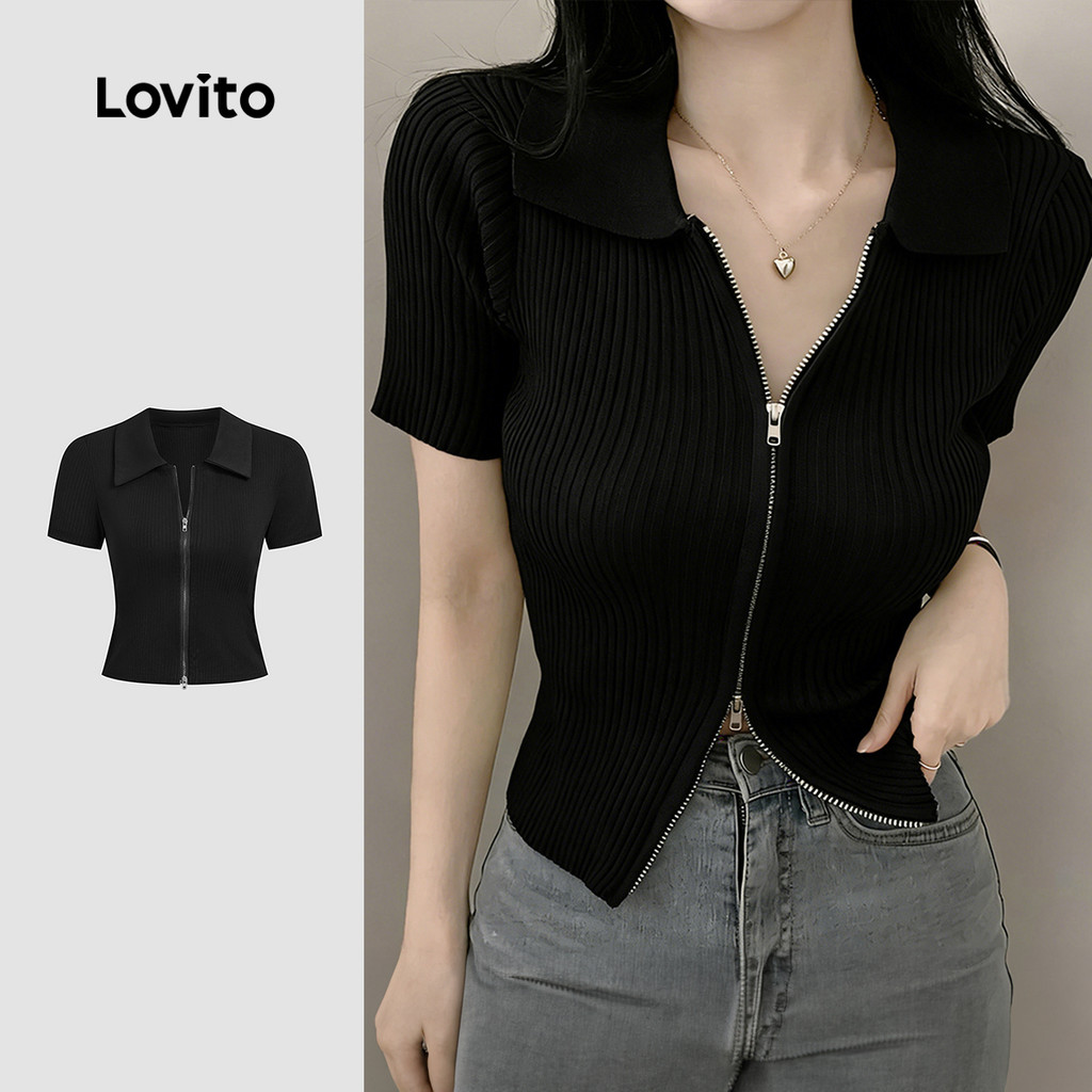 Lovito Casual Tshirt com Zíper e Costura em Tecido Primavera/verão Preta para Mulheres L172ED962