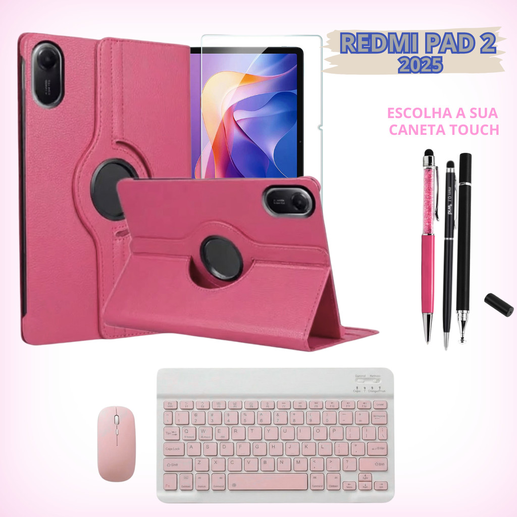 Kit Completo Capa Giratória 360+ Teclado e Mouse Bluetooth + Película para Redmi Pad 2 2025 + caneta touch 11 polegadas
