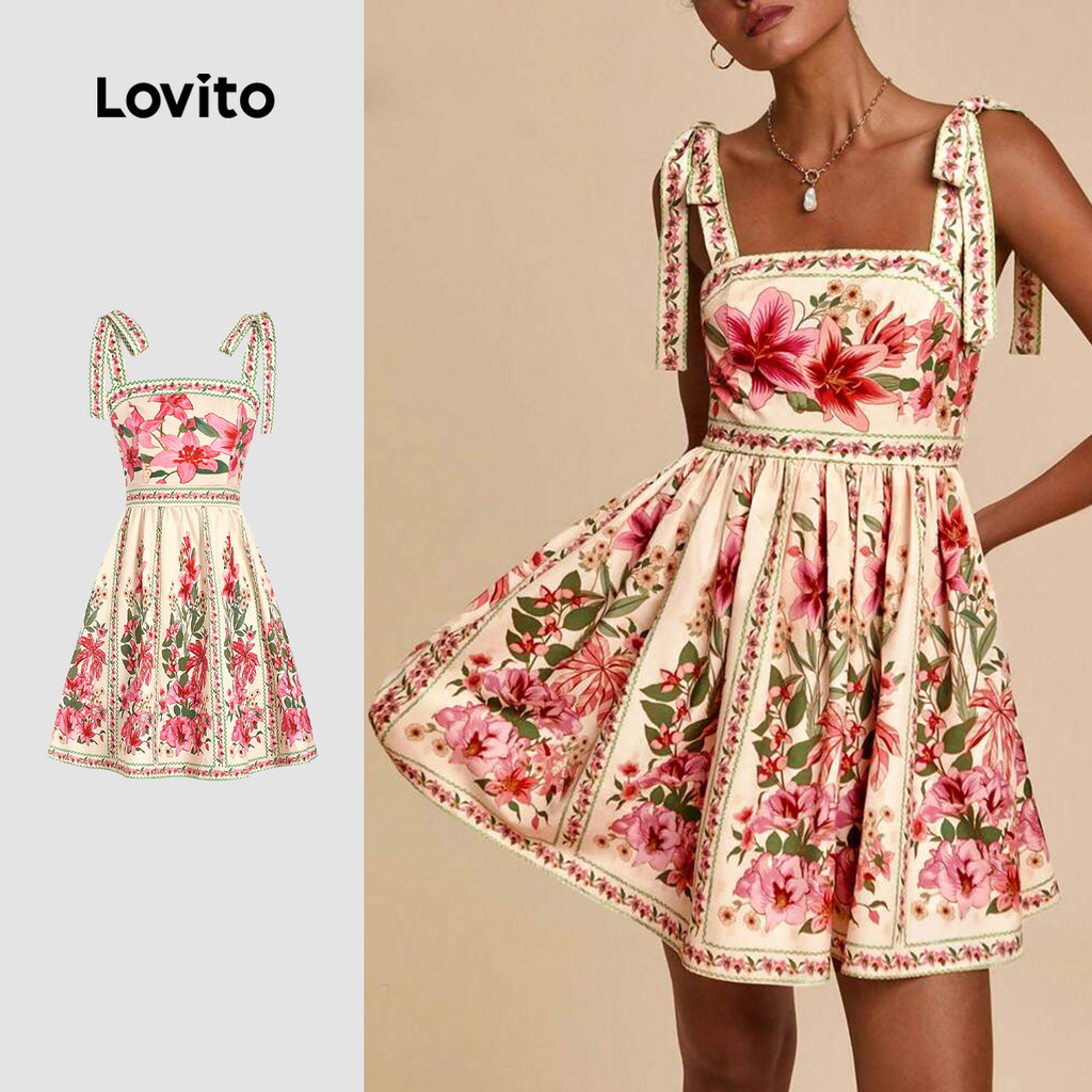 Lovito  Vestido Boho com Amarração para Primavera/verão para Mulheres LBL32059 em Oferta na Shopee