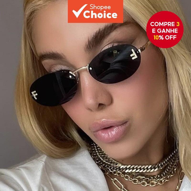 Óculos de sol vintage sem aro com armação retangular e gradiente em Oferta na Shopee