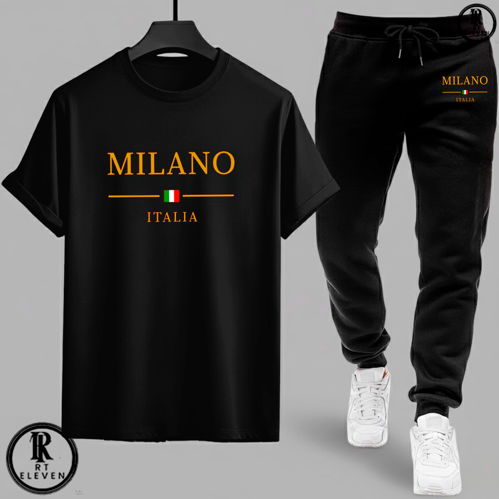 Kit Conjunto Milano  Camiseta e Calça moletom  Moda masculina camiseta casual Malha Algodão + calça Moletom Com bolso em Oferta na Shopee