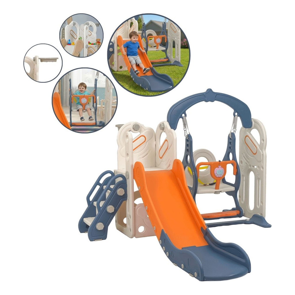 Playground Infantil 4 Em 1 Azul Com Basquete Balanço E Escorrega Lazer Completo Para Crianças Certificado INMETRO