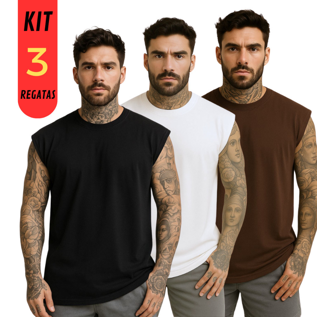 Kit 3 Regata Plus size P ao G5 Masculina Academia Machão Treino Lisa 100% Algodão