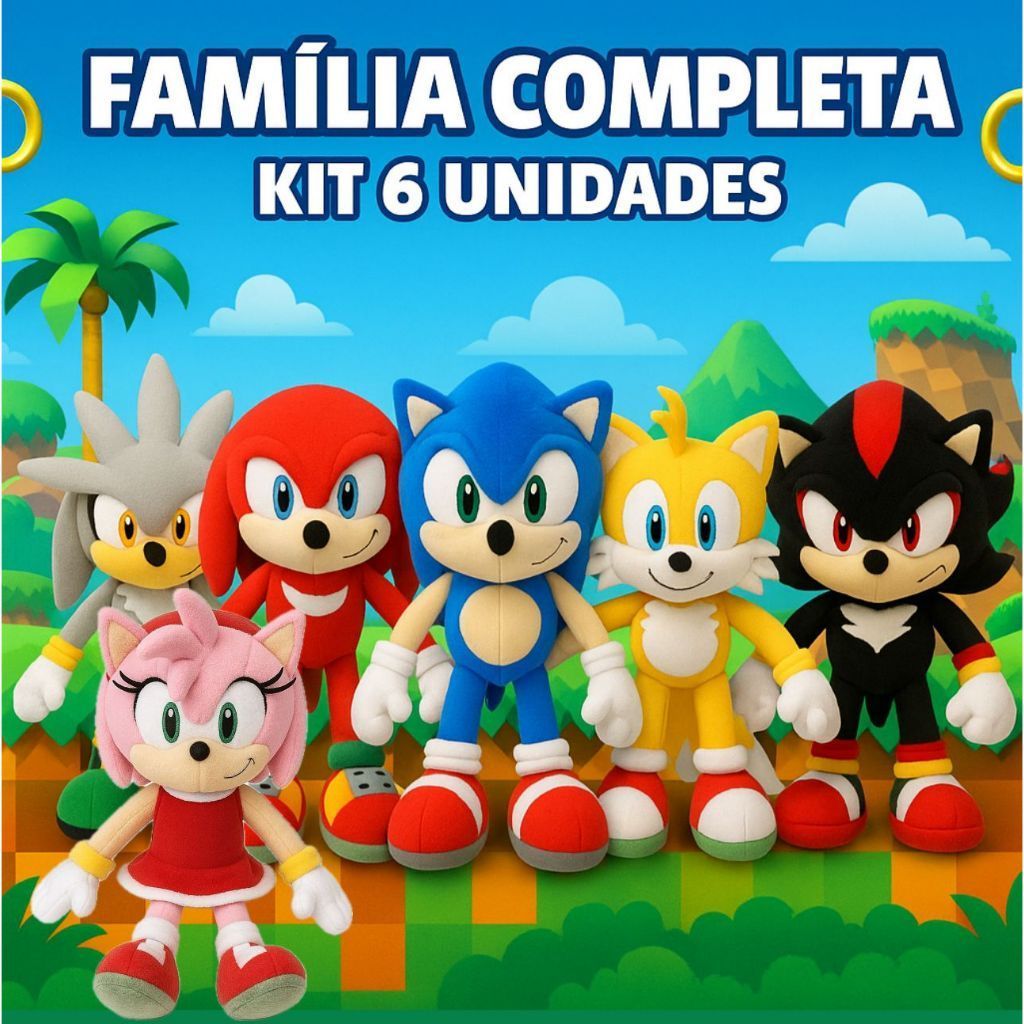 KIT 6 Pelucia 50CM Boneco Sonic Tails Amy Shadow Knuckles Silver Menino Urso de pelúcias Brinquedo