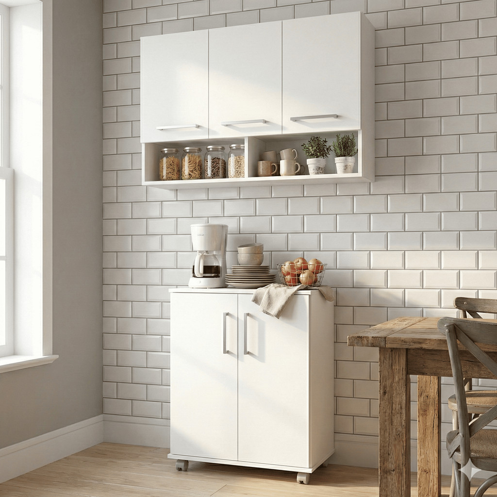 Kit Cozinha Suspensa e Balcão Multiuso com Rodízio Armário Aéreo de Parede e Gabinete para Café em Oferta na Shopee