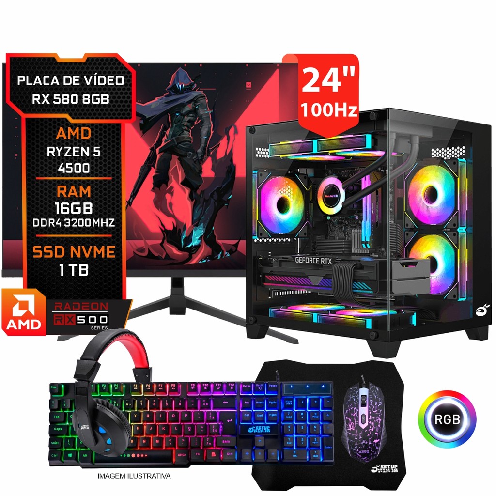Pc Gamer Completo RX 580 8gb, Ryzen 5 4500, 16Gb DDR4, SSD M.2 1TB, Monitor 24 1