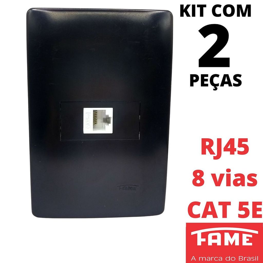 2un Tomada Rede de Informatica RJ45 CAT 5E 8 Vias Com Placa 4x2 Habitat Black Preto FAME