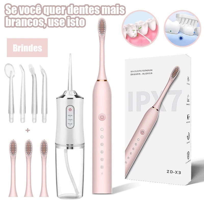 Combo Escova Elétrica e Irrigador Oral Recarregável | Kit Higiene Bucal Completo | Presente Ideal em Oferta na Shopee