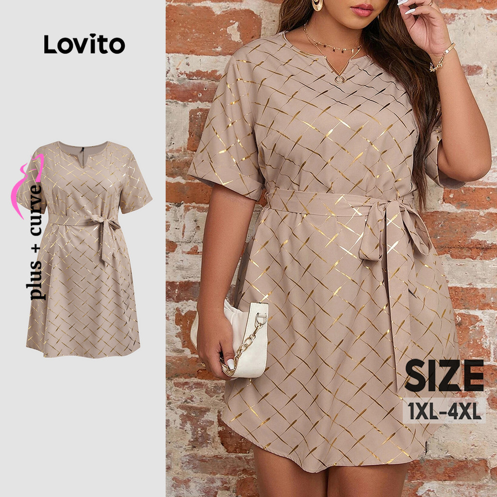 Lovito Vestido Casual Curva Plus Size, Textura Geométrica, Cinto De Metal, Verão/Primavera, Para Mulheres LBL23793 em Oferta na Shopee