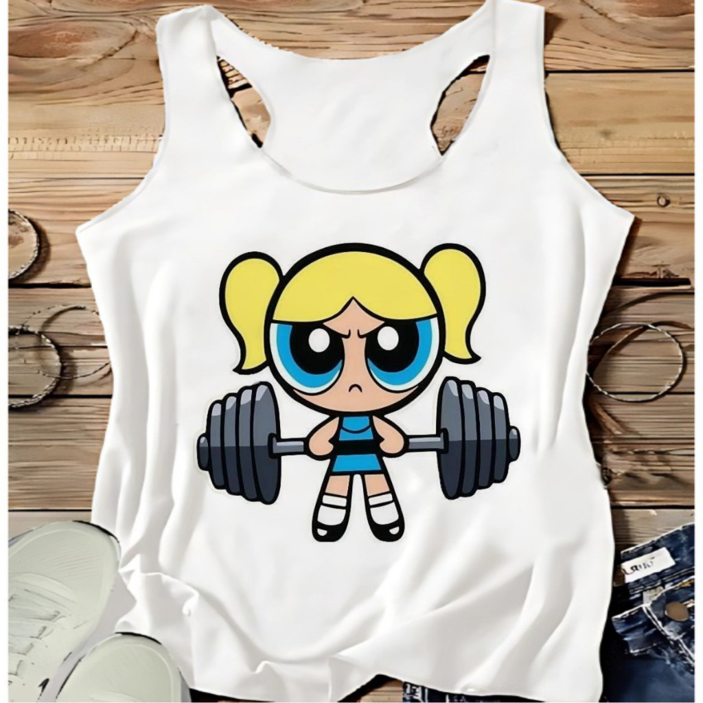 Regata criativa LINDINHA,DESENHO,MENINAS SUPER PODEROSAS,ACADEMIA,MODA FITNES,MULHER MAROMBA,moda plus size