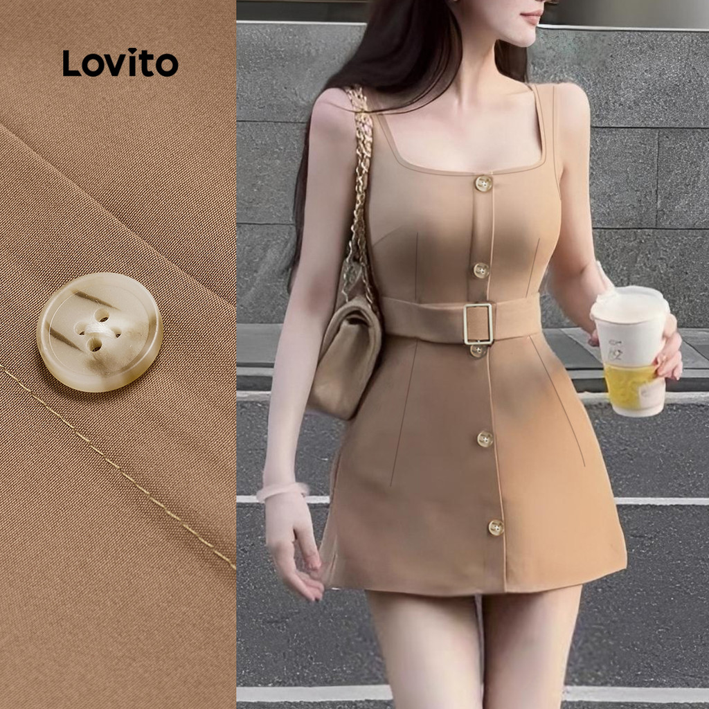 Lovito Vestido Casual com Botões para Primavera/verão em Caqui para Mulheres L142ED202 em Oferta na Shopee