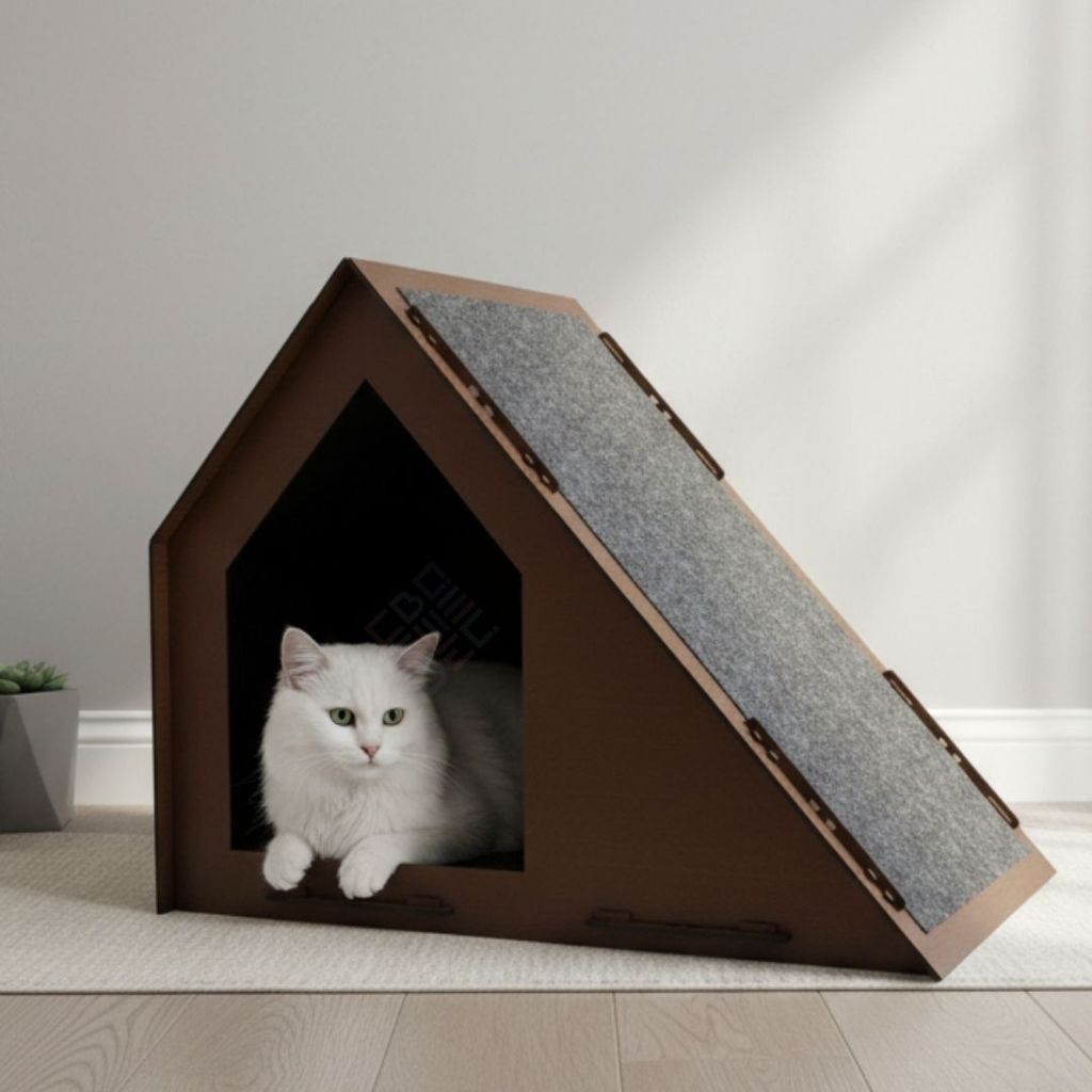 Casa Para Gato MDF Com Rampa Arranhador Em Carpete Confortável, Cuidados, Diversão E Cores Variadas