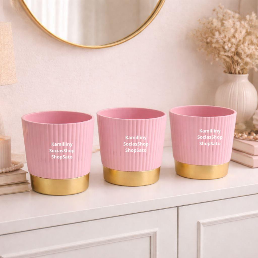 Vaso Cachepot Canelado Rosa Com Borda Dourada Redondo De Plástico Para Enfeites E Arranjos Decorativos Plantas