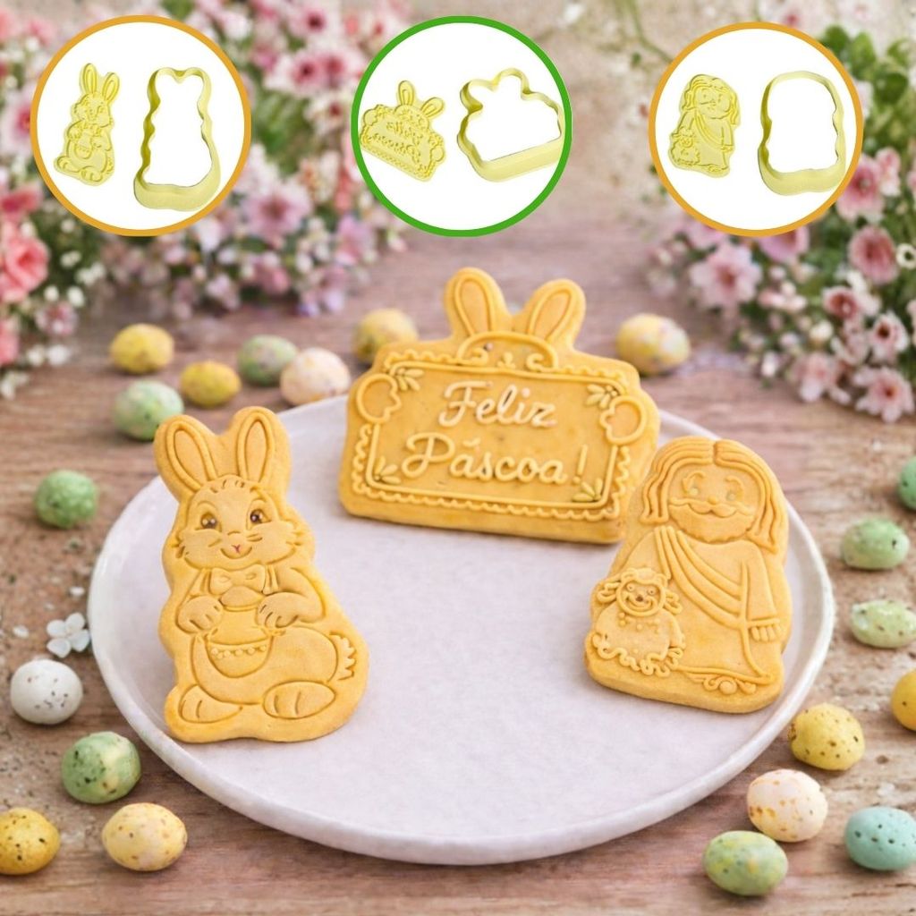 KIT 3 CORTADORES COM CARIMBOS PÁSCOA  (BLUE STAR) em Oferta na Shopee