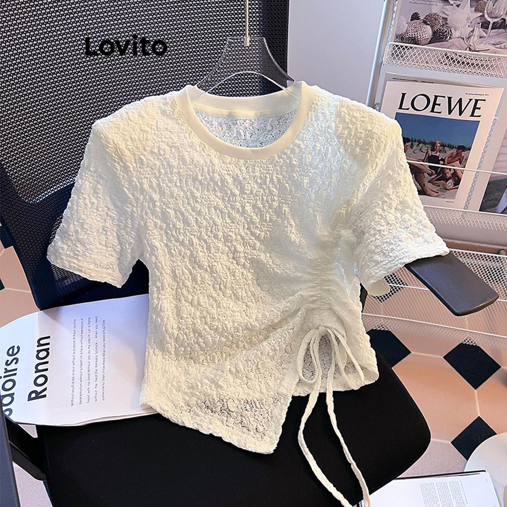 Lovito Camiseta Casual De Renda Lisa Com Cordão Assimétrico Para Mulheres LNE48282