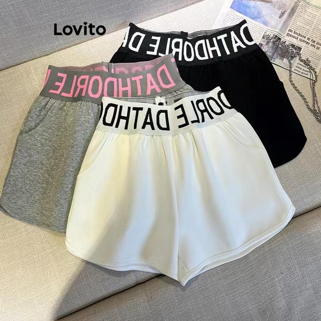 Lovito Shorts Esportivos Esportivos Com Estampa De Letras E Bolso Shorts Esportivos Básicos Para Mulheres LNL56172 em Oferta na Shopee
