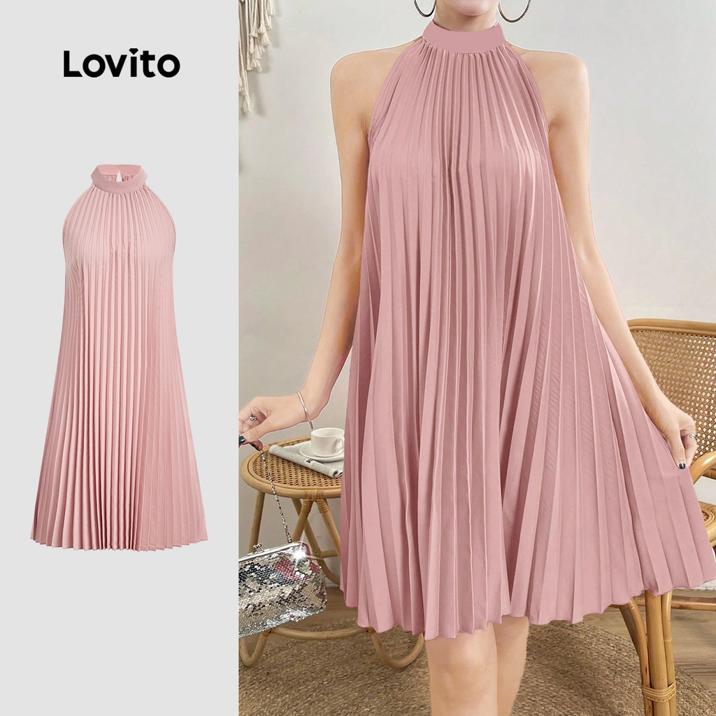 (NEW) Lovito Vestido Elegante Plissado Francês Estilo Preguiçoso Primavera/verão Rosa para Mulheres LBL33008