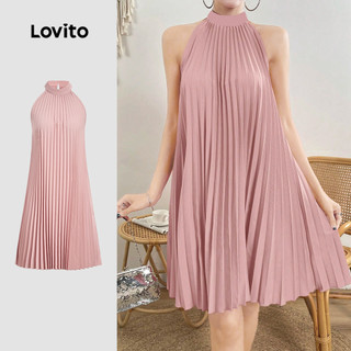 (NEW) Lovito Vestido Elegante Plissado Francês Estilo Preguiçoso Primavera/verão Rosa para Mulheres LBL33008