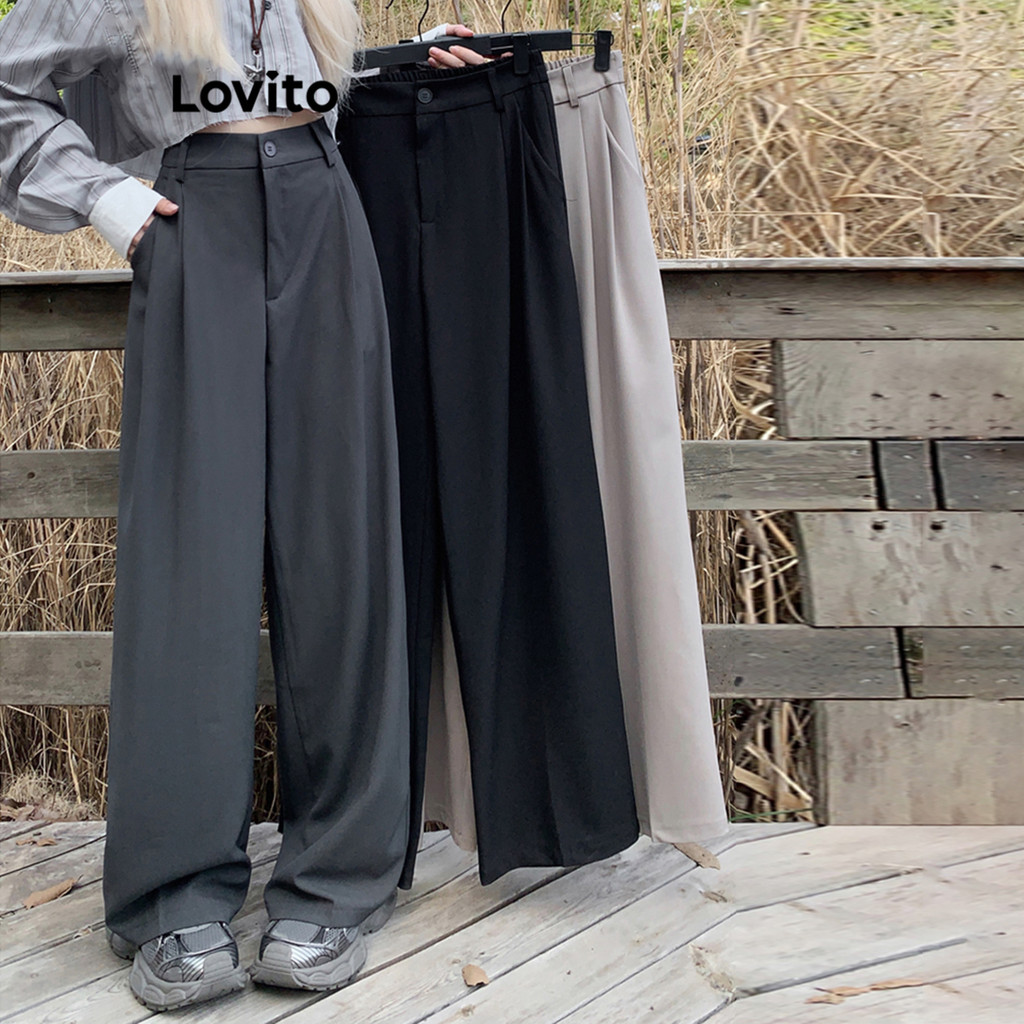 Lovito Calça Casual Calça Drapeada Lisa Para Mulheres LNA29025 (Cinza/Preto) em Oferta na Shopee