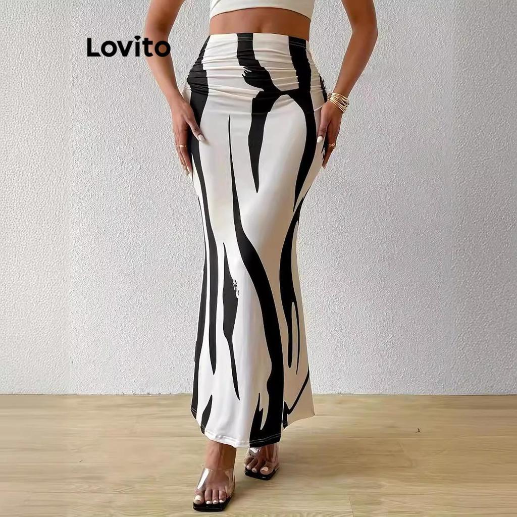Lovito Saias Casuais Zebra Ruched Colorblock Saia De Verão/Primavera Para Mulheres LNL70061 em Oferta na Shopee