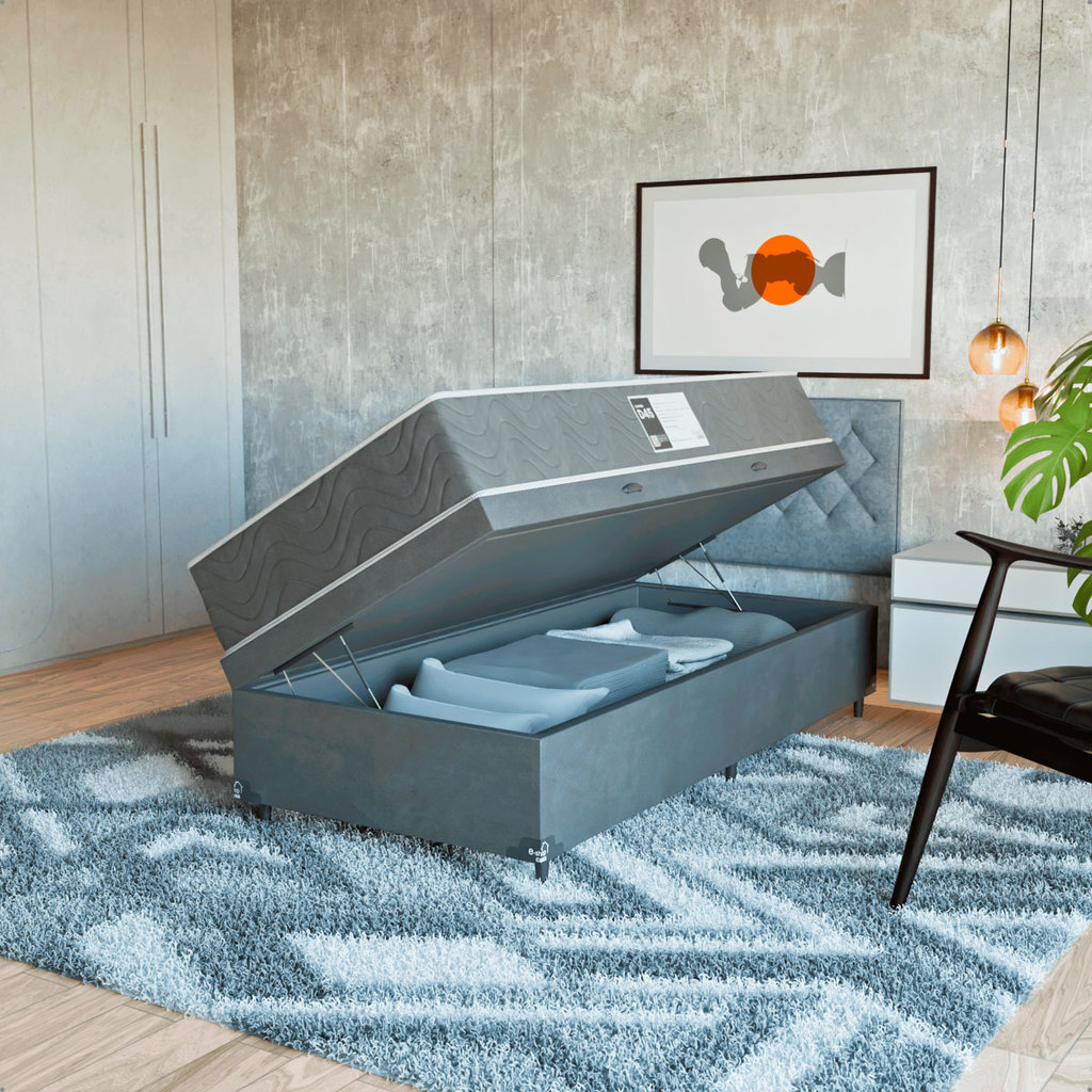 Cama Box Baú Solteiro + Colchão Prime Espuma D45 Suede Cinza