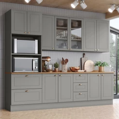 Cozinha Completa Americana 11 Portas 5 Gavetas com Vidro 100% Mdf Cinza/Nature - Henn