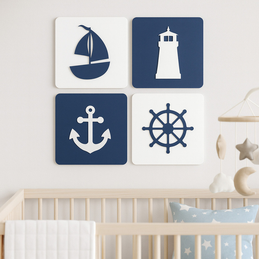 Kit 4 Quadros Decorativos Náuticos Marinheiro para Quarto do Bebê