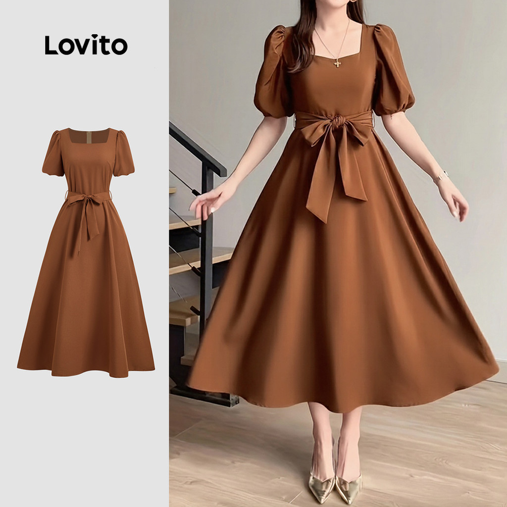 Lovito Vestido elegante com cadarço e zíper primavera/verão vestido marrom para mulheres LBL32135