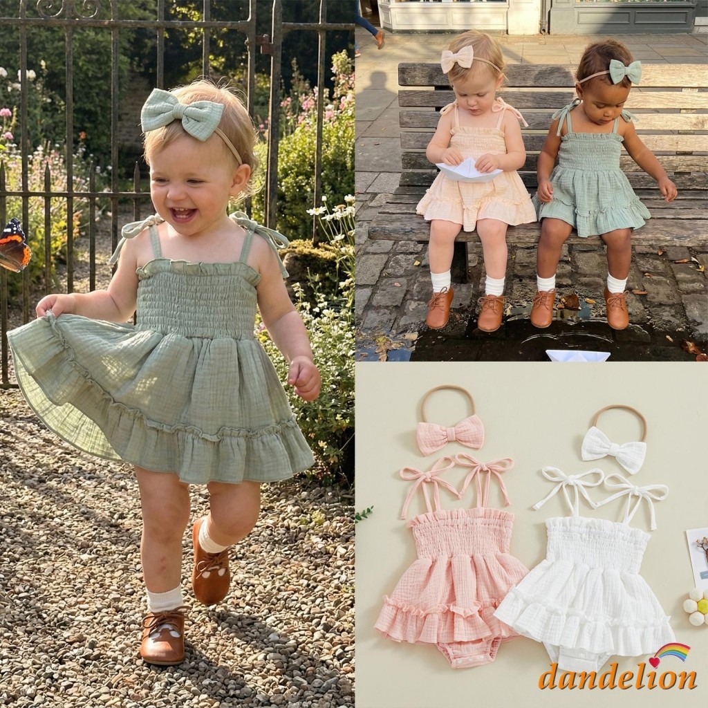 Bebê Meninas Verão Macacão Vestido Cor Sólida Sem Mangas Alça De Ombro Ajustável Infantil Com Bandana